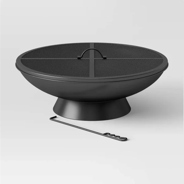 32.6" Metal Wood Burning Bowl with Spark Screen : Powder-Coated Iron, Heat-Resistant