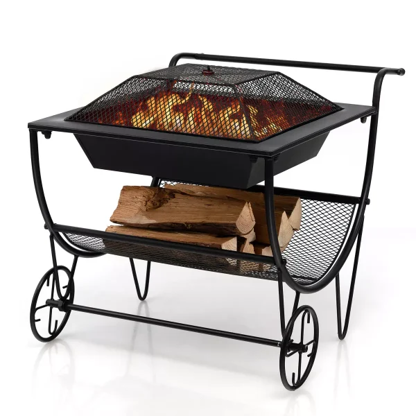 Outdoor Wood Burning Fire pit Steel Patio Stove w/ Log Storage Rack & Wheels