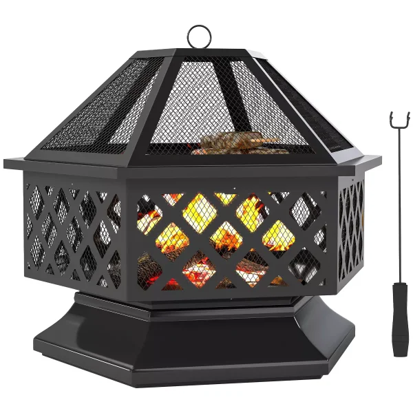 28" Outdoor Fire Pit with Grill, Wood Burning Firepit with Poker and Lid, Hexagon Fireplace for Patio Bonfire Backyard BBQ Camping Picnic
