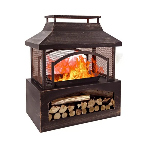 Fire Pits for Outside Wood Burning, Outdoor Chiminea Fireplace with Log Storage Rack, Mesh Screen, Pocker for Patio Party Camping, 37"