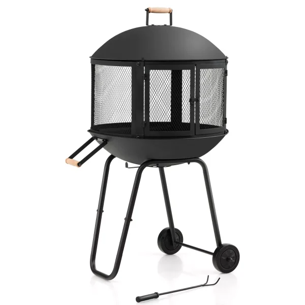 Portable Fire Pit w/ Wheels 28" Wood Burning Fire Pit w/ Log Grate Poker Rolling Patio Fireplace Bonfire Firepit for Outdoor Entertaining