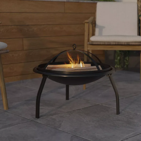22.5" Black Iron Foldable Wood Burning Outdoor Firepit with Mesh Screen & Poker