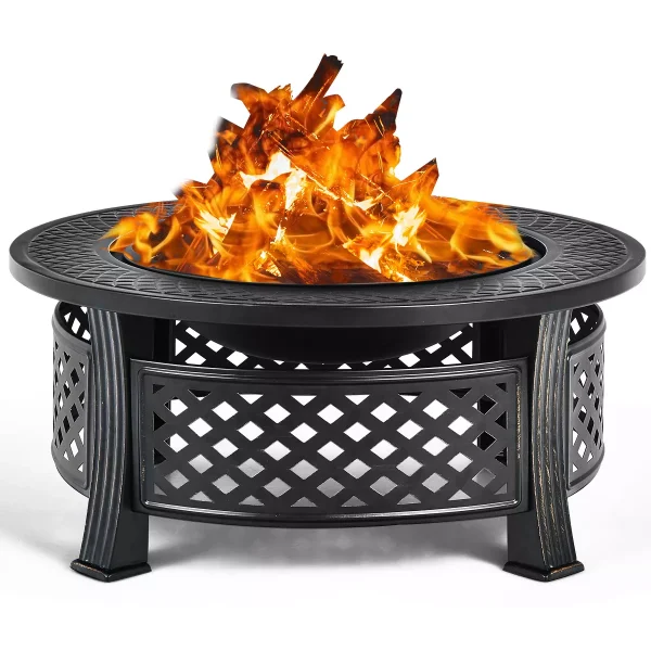 3-in-1 Round Fire Pit Set 32 Inch Round Wood Burning Firepit Table Multifunctional Metal Firepit Stove